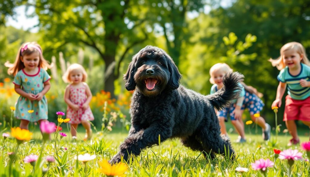 black goldendoodle with children